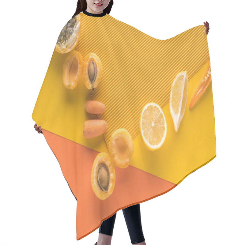 Personality  Top View Of Fresh Fruits And Vegetables On Yellow And Orange Background With Copy Space Hair Cutting Cape