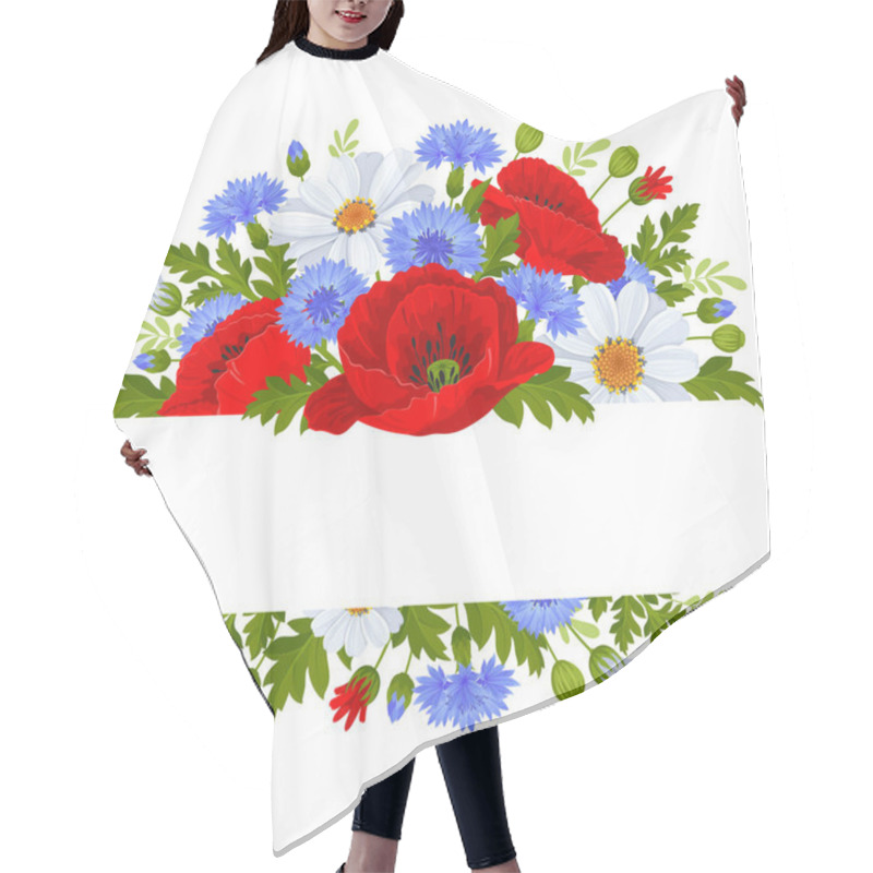 Personality  Banner With Wildflowers. Red Poppies, Blue Cornflowers, White Daisies, Leaves And Buds. Template For Banner, Label, Greeting Card, E.t.c. Vector Illustration. Hair Cutting Cape