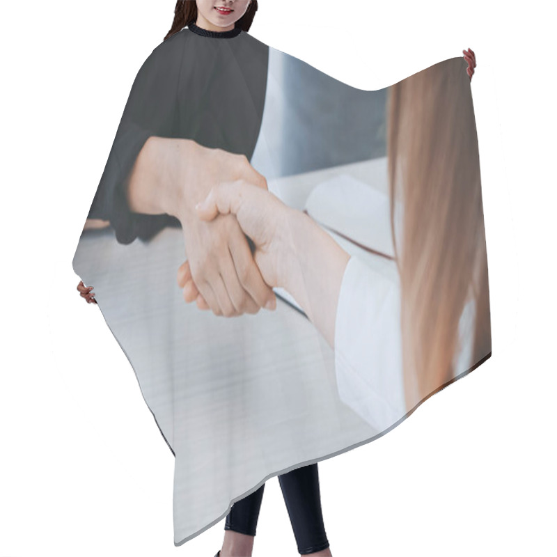 Personality  Cropped View Of Employer And Job Seeker Shaking Hands Near Resume In Office Hair Cutting Cape