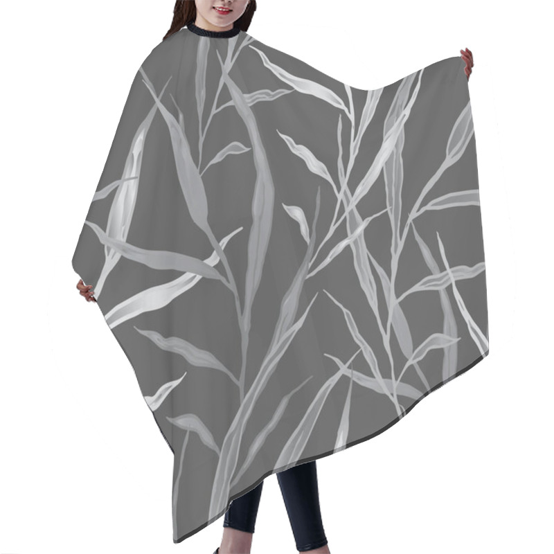 Personality  Seamless Patterns. Grey Background. Natural Oblong Monochrome Leaves And Twigs.  Hair Cutting Cape