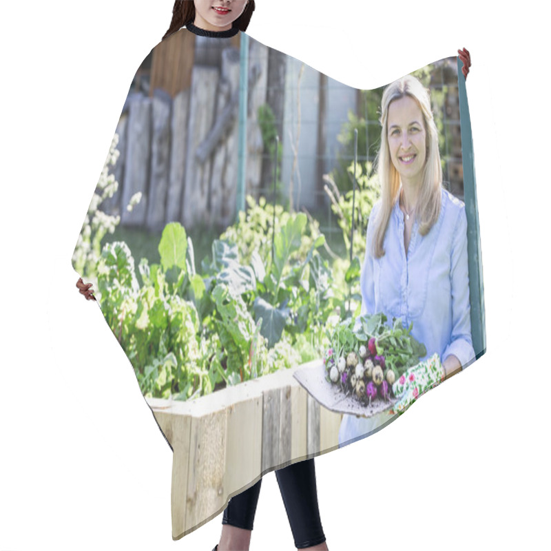 Personality  Smiling Woman Holding Radish Harvest In Hands And Looking At Camera While Standing In Garden  Hair Cutting Cape