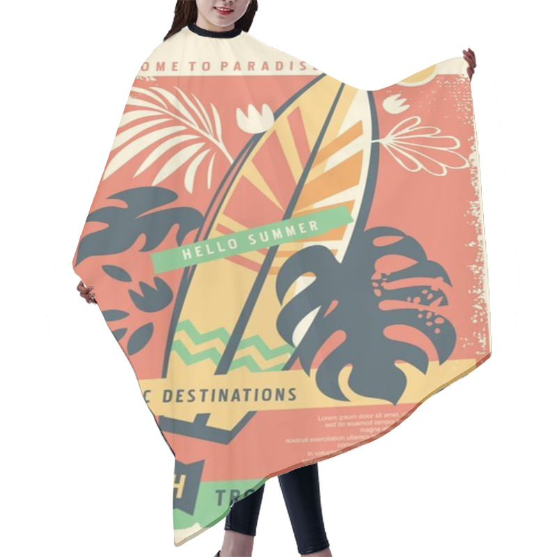 Personality  Surfing Board Retro Poster With Floral Design Elements. Tropical Plants, Beach, Travel, Summer Holiday Vacation Vector Illustration. Hair Cutting Cape