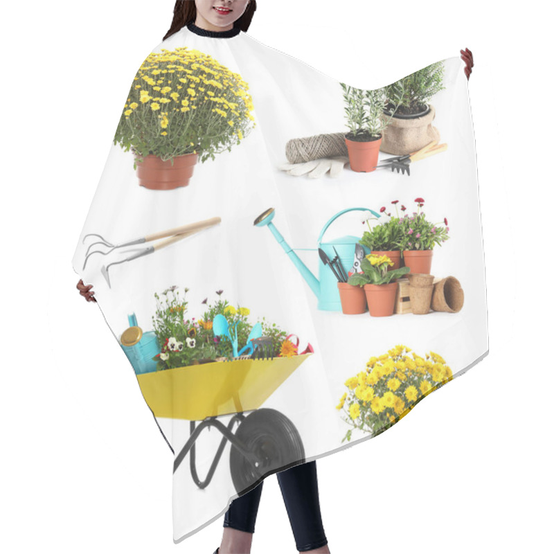 Personality  Set With Different Gardening Tools And Plants On White Background  Hair Cutting Cape