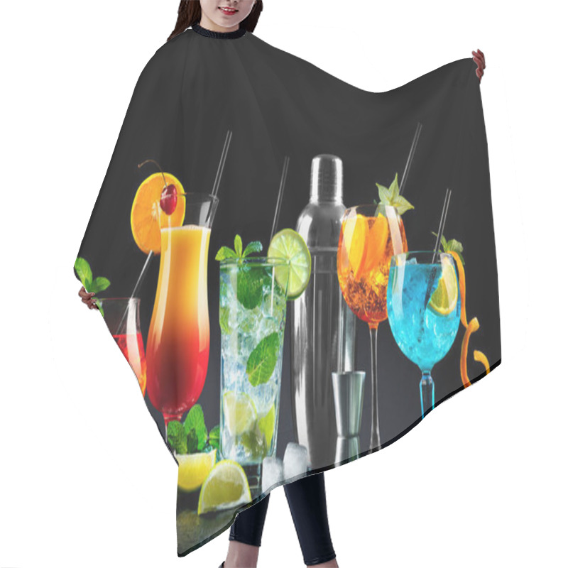 Personality  Set Of Various Cocktails With Shaker On Black Background Hair Cutting Cape