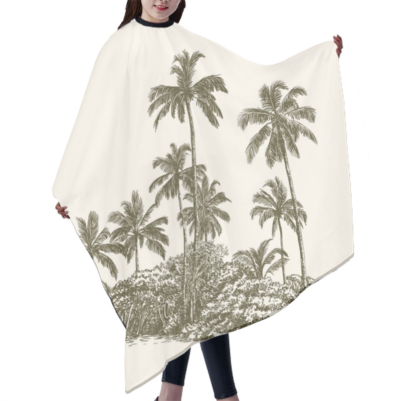 Personality  Three Palm Trees Grow On A Wild Beach. Vector Sketch On White Background Hair Cutting Cape