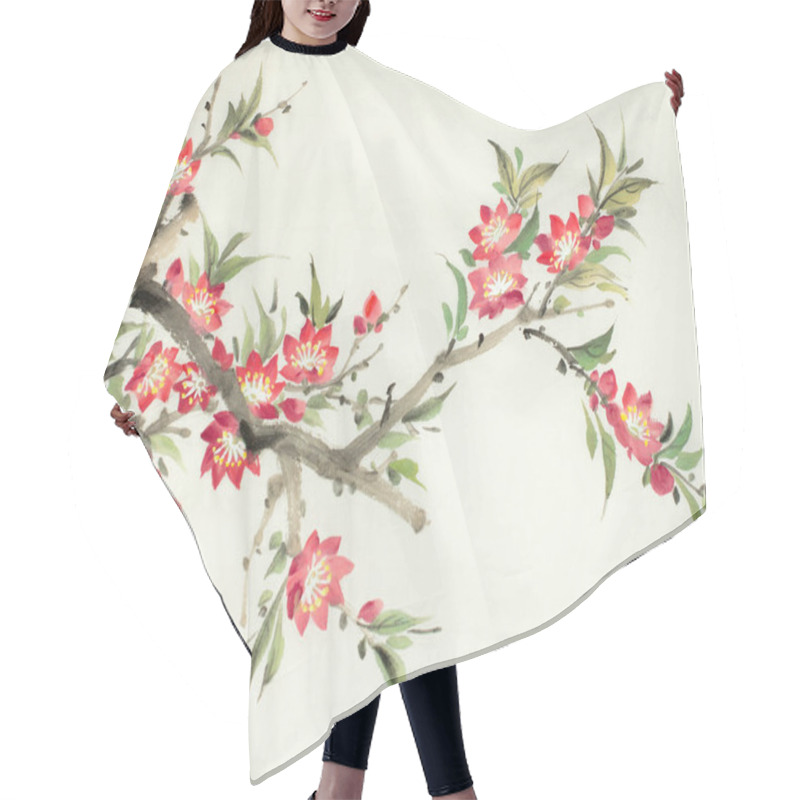 Personality  Branch Of A Blossoming Peach On A Light Background Hair Cutting Cape