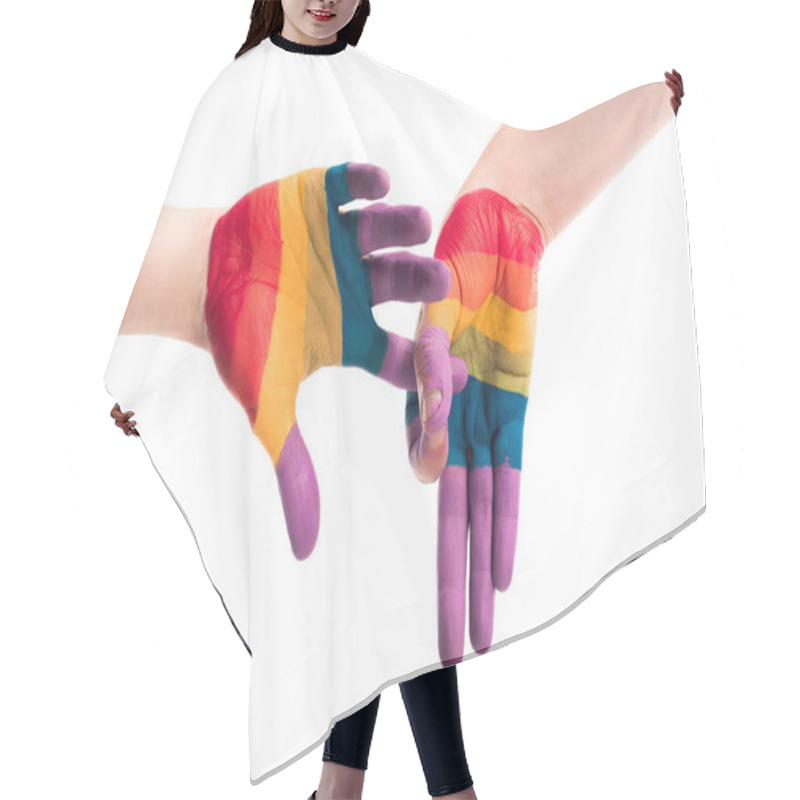 Personality  Cropped Image Of Gay Couple Showing Penetration Sign With Hands Painted In Colors Of Pride Flag Isolated On White, World Aids Day Concept Hair Cutting Cape