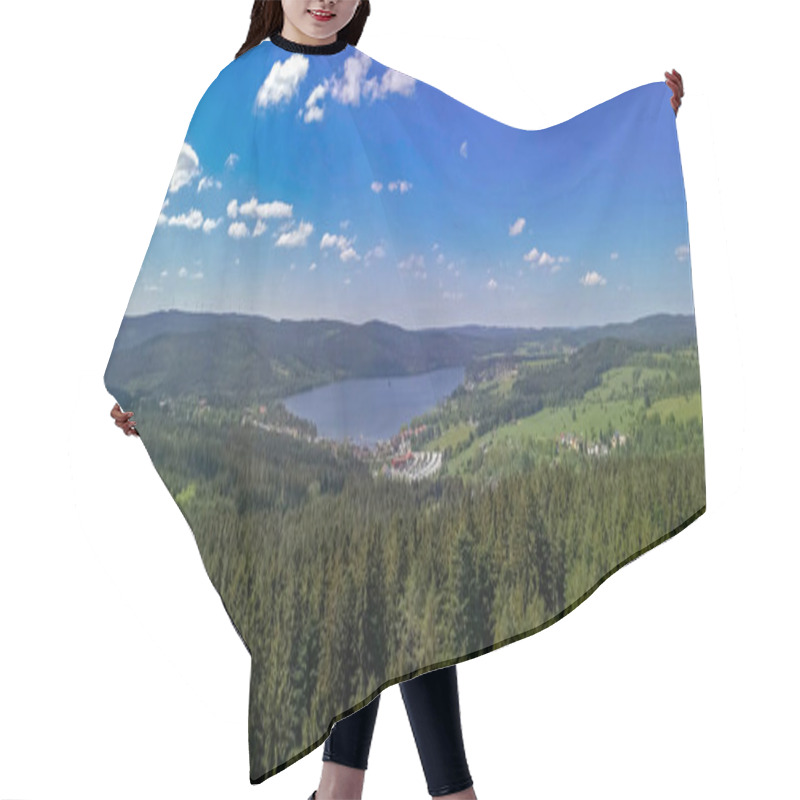 Personality  Panorama From The Lipno Reservoir Of The Vltava River On The Border Of The Czech Republic And Austria With Meadows And Forests. Hair Cutting Cape