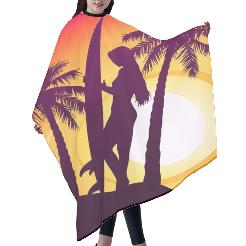 Personality  Surfing Girl With Surfboard And Palm Trees Hair Cutting Cape