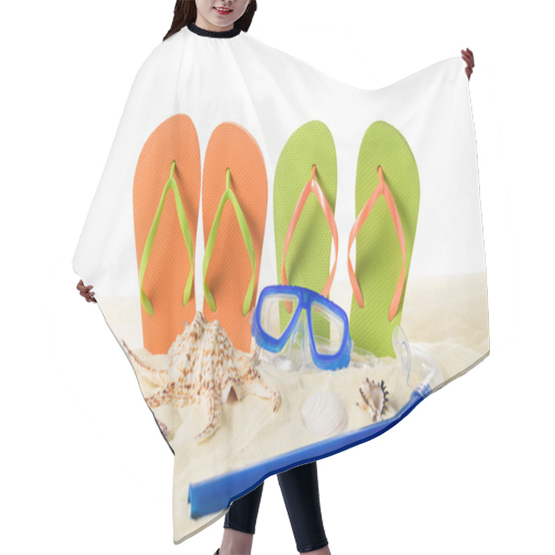 Personality  Flip Flops And Diving Mask In Sand Isolated On White Hair Cutting Cape