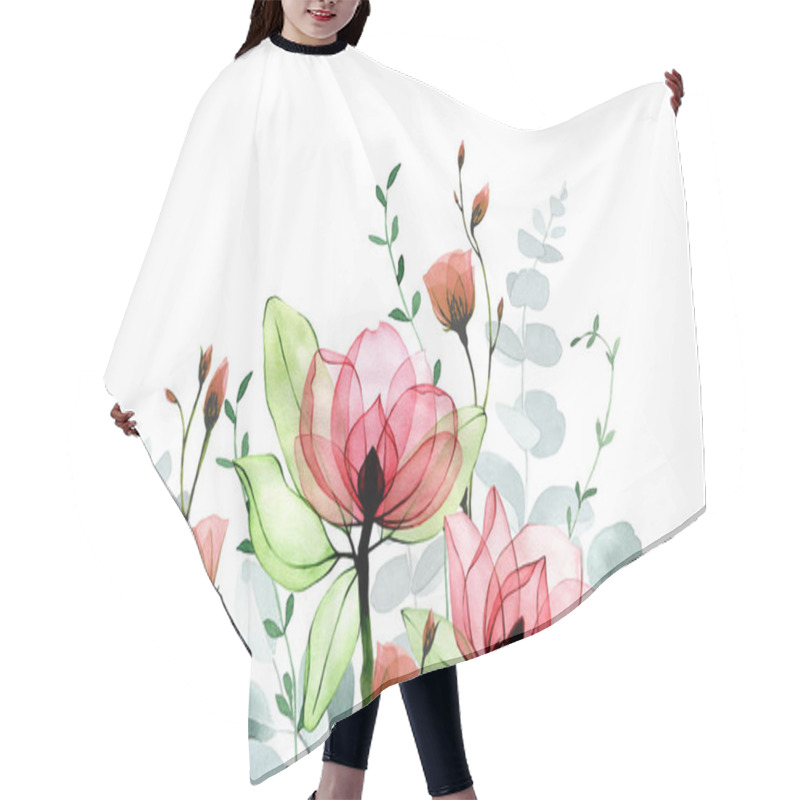 Personality  Watercolor Drawing. Seamless Border With Transparent Flowers And Eucalyptus Leaves. Hair Cutting Cape