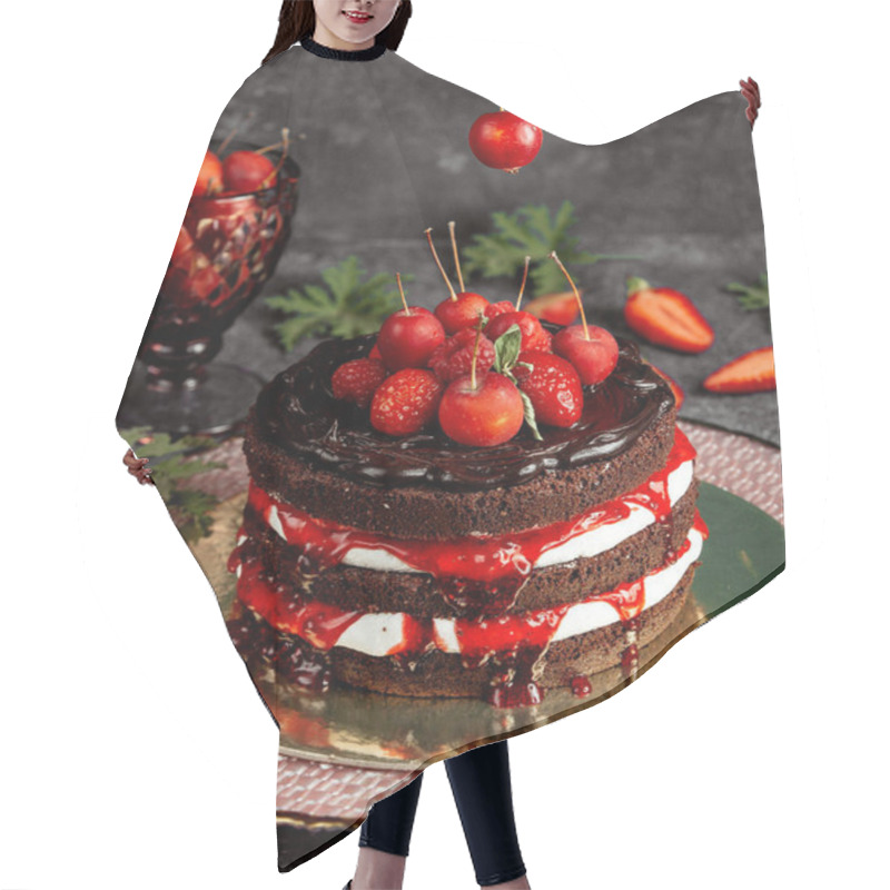 Personality  Naked Chocolate Cake Decorated With Strawberries Raspberry Small Apples And Syrup Hair Cutting Cape