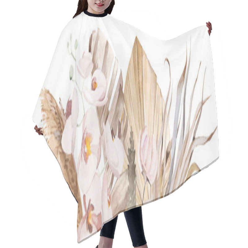 Personality  Watercolor Bohemian Border With Tropical And Cotton Flowers, Dried Palm Leaves And Pampas Grass Illustration With Watercolor Background, Copy Space. Beige Element For Wedding Design And Crafting Hair Cutting Cape