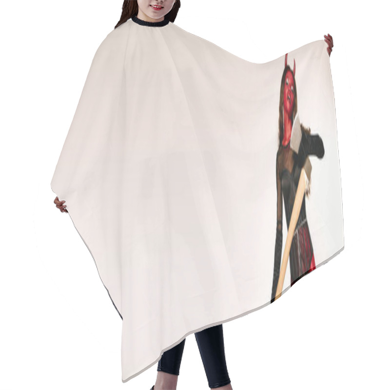 Personality  A Confident Woman In A Devil Costume Strikes A Playful Pose For Halloween. Hair Cutting Cape