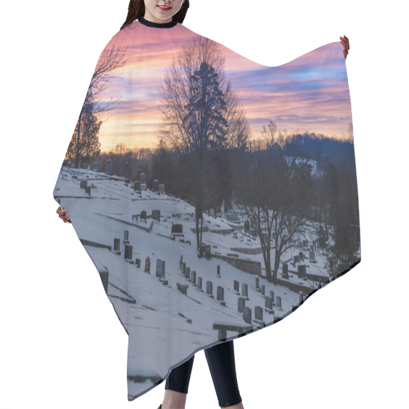 Personality  A Snow-covered Cemetery Illuminated By A Vibrant Sunset Sky, Blending Peaceful Winter Scenery With A Dramatic Palette Of Colors. Hair Cutting Cape