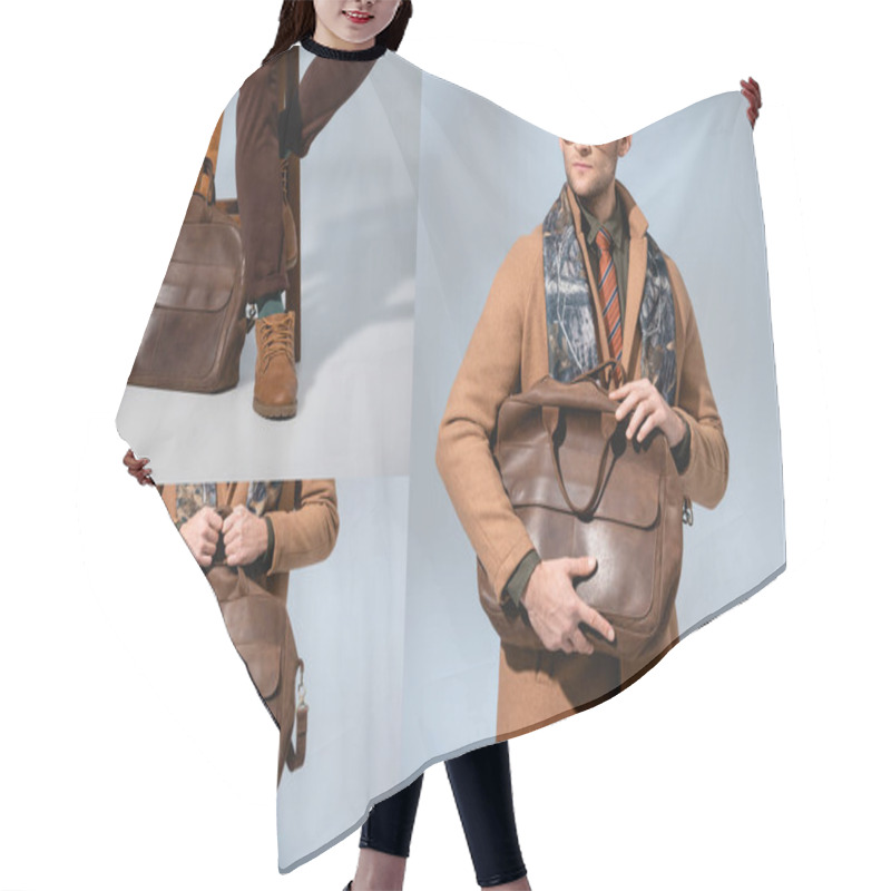 Personality  Collage Of Stylish Man In Winter Coat Holding Leather Briefcase On Grey  Hair Cutting Cape