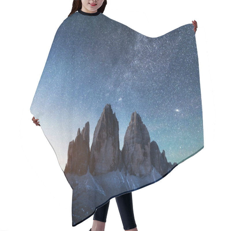 Personality  Green Tent Lighted From The Inside Against The Backdrop Of Incredible Starry Sky And Three Peaks Of Lavaredo Mountains. National Park Tre Cime Di Lavaredo, Dolomites, Italy. Landscape Photography Hair Cutting Cape