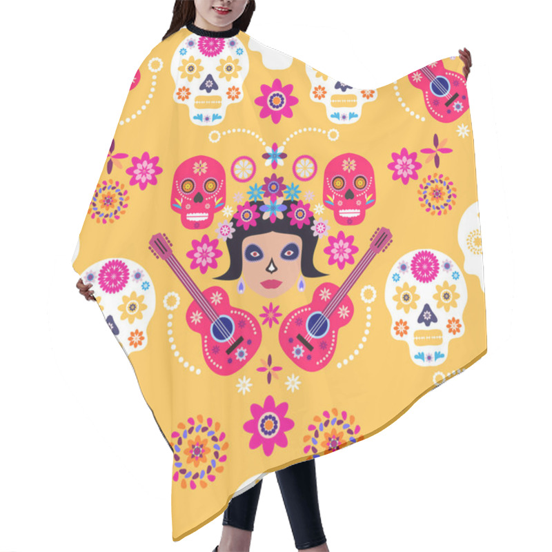 Personality  Mexican Seamless Pattern, Catrina Calavera  Sugar Skulls And  Marigold Flowers. Template  For Mexican Celebration, Traditional Mexico Skeleton Decoration. Dia De Los Muertos, Day Of The Dead  Halloween Vector Illustration Hair Cutting Cape