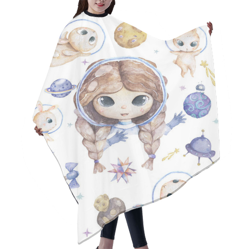 Personality  Cute Smiling Girl Brown Hair Flowers In Head Take Blue Planet In Hands Set Of Satellites, Planet And Funny Hamster Watercolor Set With Space Objects Isolated On White Cartoon Illustration For Children Hair Cutting Cape