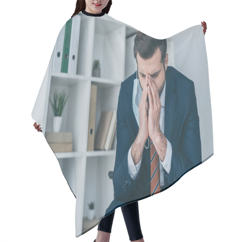 Personality  Depressed Businessman Touching Face While Sitting In Office With Bowed Head And Closed Eyes Hair Cutting Cape