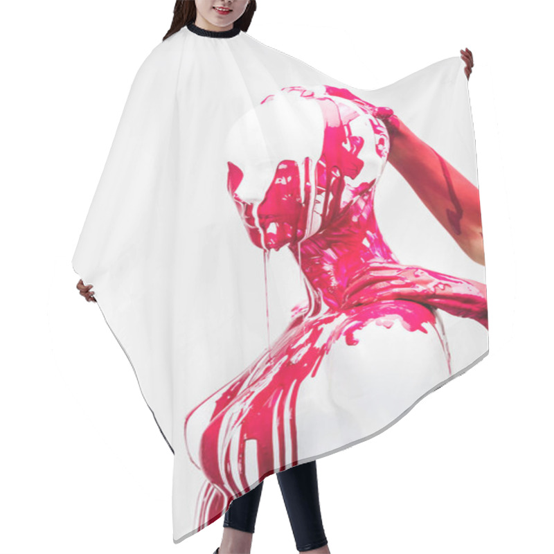 Personality  Cropped Image Of Woman In Red Paint Touching Mannequin Head And Shoulder Isolated On White Hair Cutting Cape