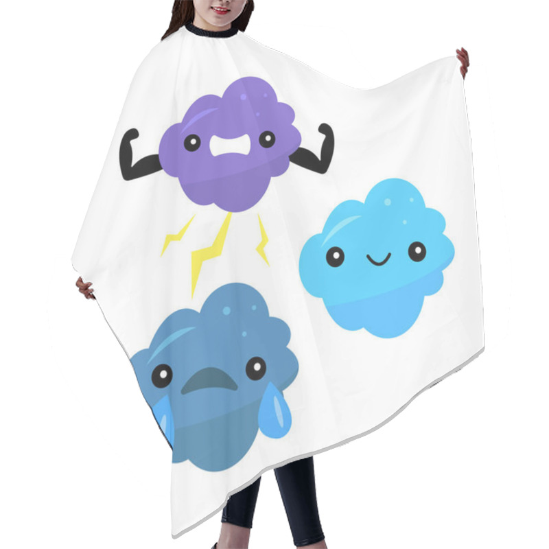 Personality  Set Of Different Cartoon Characters Of Clouds, The Sad Cloud With Tears, The Happy Cloud With Sun Behind It, And The Strong Cloud With Lightning And Biceps Hair Cutting Cape