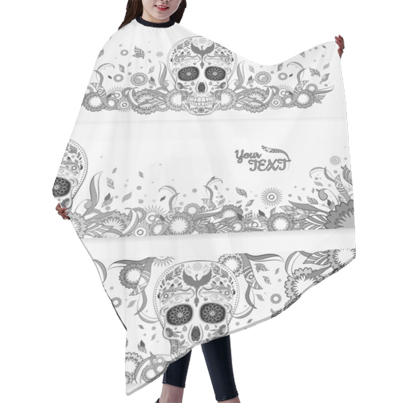 Personality  Monochrome Banners Of Dia De Muertos Sugar Skull With Ornate On An Abstract Floral Spring Background. Day Of The Dead Hair Cutting Cape