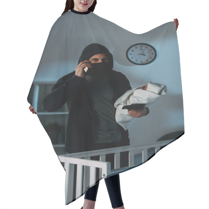 Personality  Kidnapper In Mask Holding Infant Child And Talking On Smartphone Hair Cutting Cape