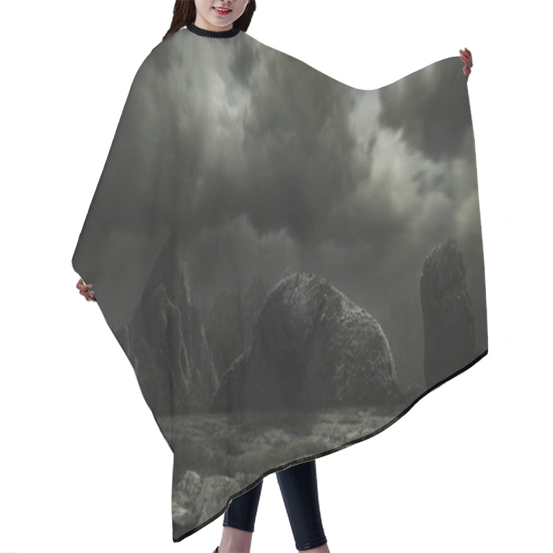 Personality  Spooky Night. Scary And Mystic Theme, Rocks And Mountains In Fog. Conceptual Background For Your Design, Poster, Ad. Hair Cutting Cape