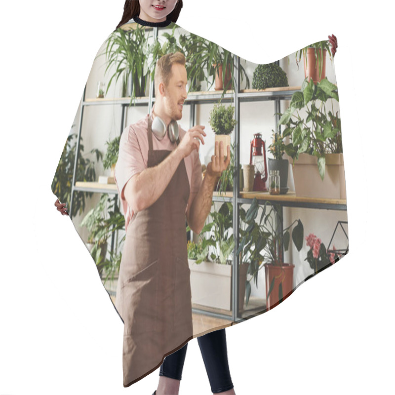 Personality  A Man Stands In Front Of A Shelf Filled With Various Potted Plants In A Small Plant Shop, Embodying The Essence Of Nature And Entrepreneurship. Hair Cutting Cape