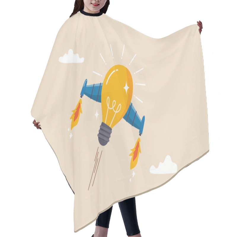 Personality  Boost Creative Idea, Imagination, Innovation Or Technology To Help Success, Invent New Solution To Win Business Competition Concept, Bright Lightbulb Idea With Rocket Booster Flying Fast Into The Sky. Hair Cutting Cape