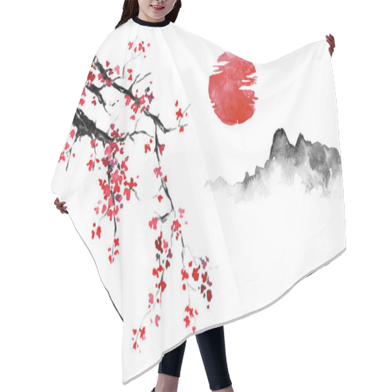 Personality  Japan Traditional Sumi-e Painting. Indian Ink Illustration. Japanese Picture. Sakura, Sun And Mountain Hair Cutting Cape