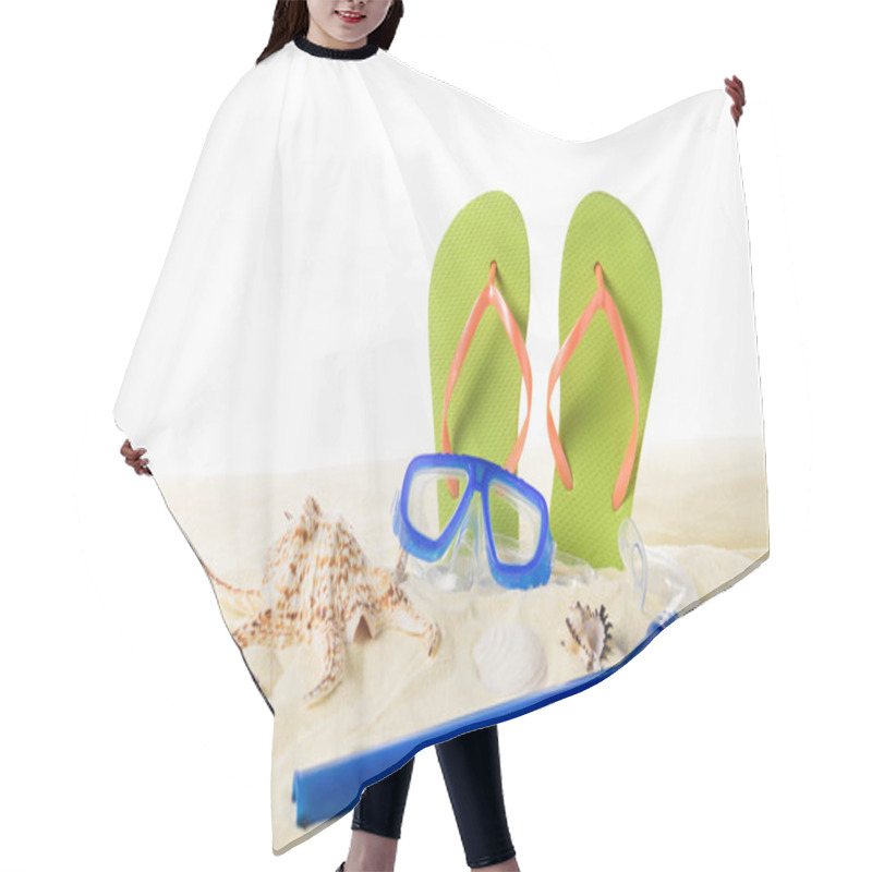 Personality  Flip Flops And Diving Mask With Seashells In Sand Isolated On White Hair Cutting Cape