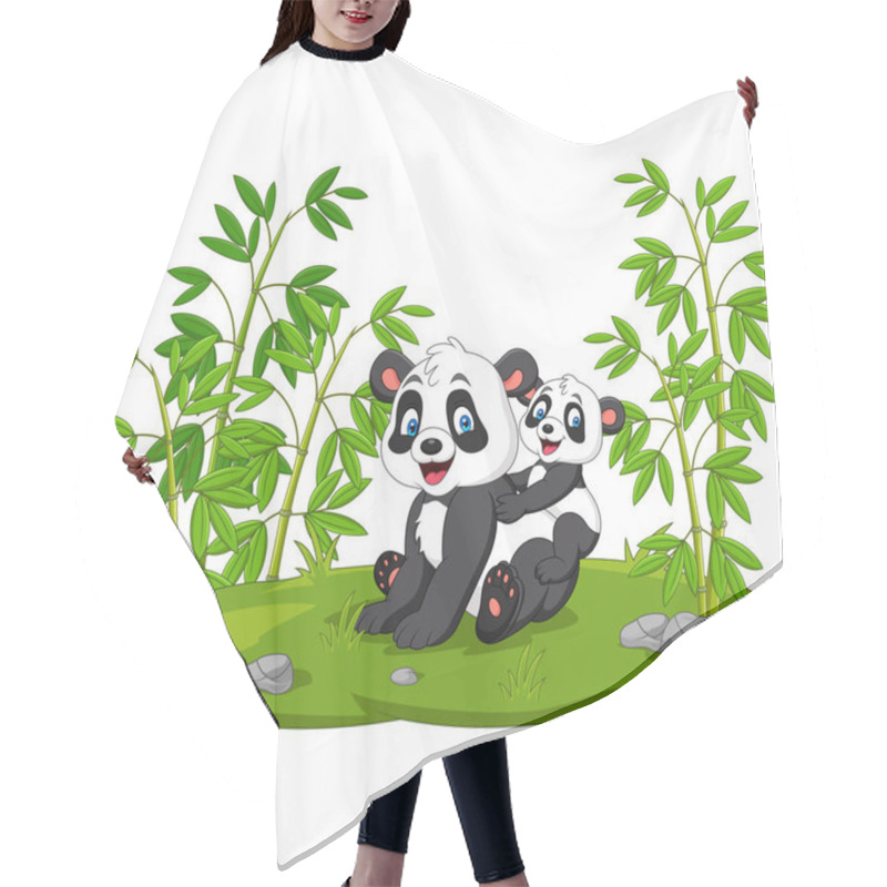 Personality  Vector Illustration Of Cartoon Mom And Baby Panda In The Bamboo Tree Hair Cutting Cape