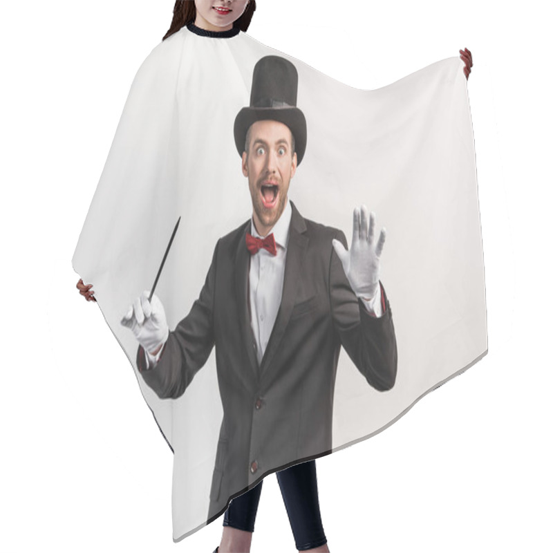 Personality  Excited Magician In Suit And Hat Holding Wand, Isolated On Grey Hair Cutting Cape