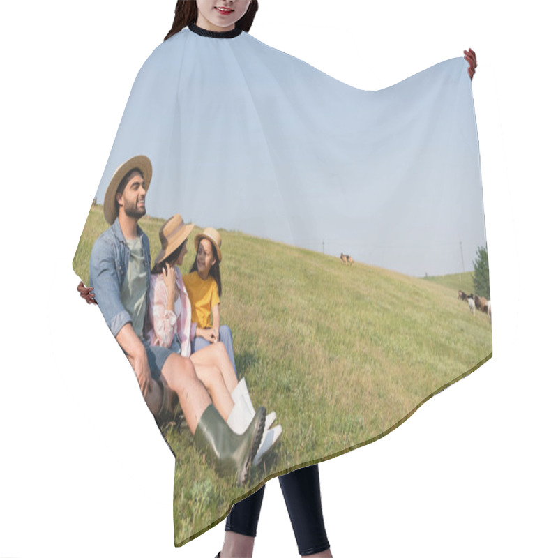 Personality  Happy Farmer Looking Away While Sitting In Field Near Family Under Blue Sky Hair Cutting Cape