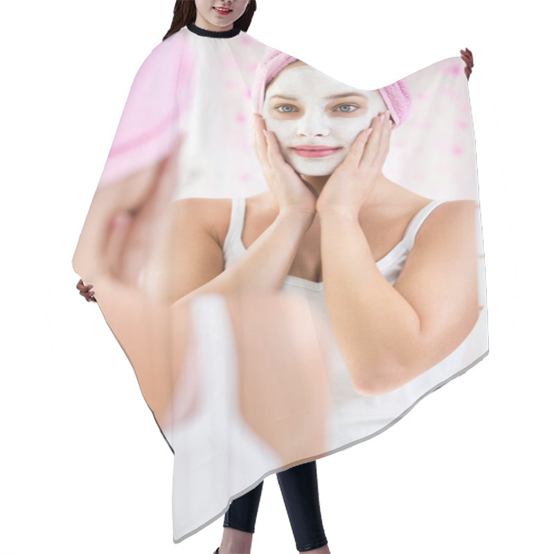 Personality  Young Girl  With A Towel On Her Head And  Cosmetic Mask Hair Cutting Cape