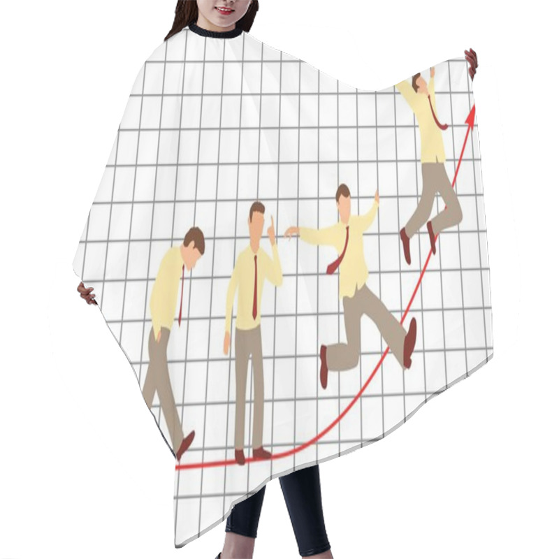 Personality  Transition From Fall To Growth. Overworked Sitting Businessman Is Under Stress With Headache. A Happy Man Waving His Arms Like A Bird. Color Vector Flat Illustration On Financial Chart With Arrow Hair Cutting Cape