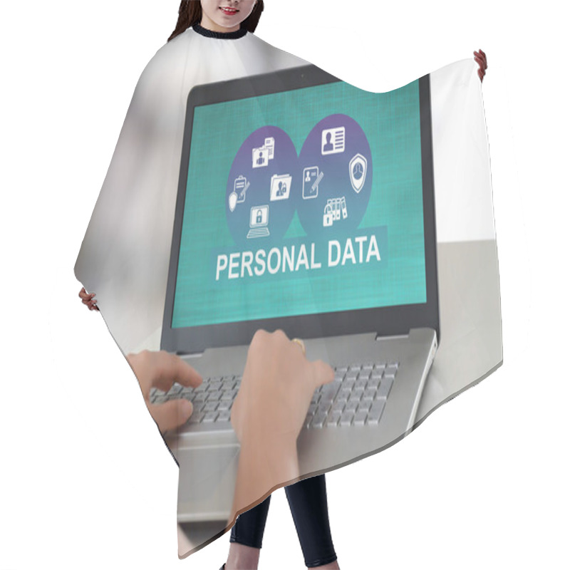 Personality  Woman Using A Laptop With Personal Data Concept On The Screen Hair Cutting Cape