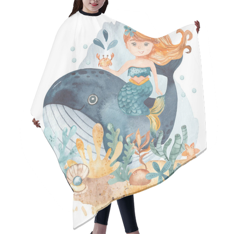 Personality  Marine Animals, Whale, Fish, Mermaid, Algae, Corals, Shell, Ocean Floor Underwater Composition Hair Cutting Cape