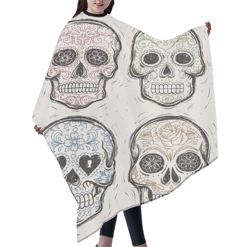 Personality  Woodcut Day Of The Dead Sugar Skull Vector Set Hair Cutting Cape