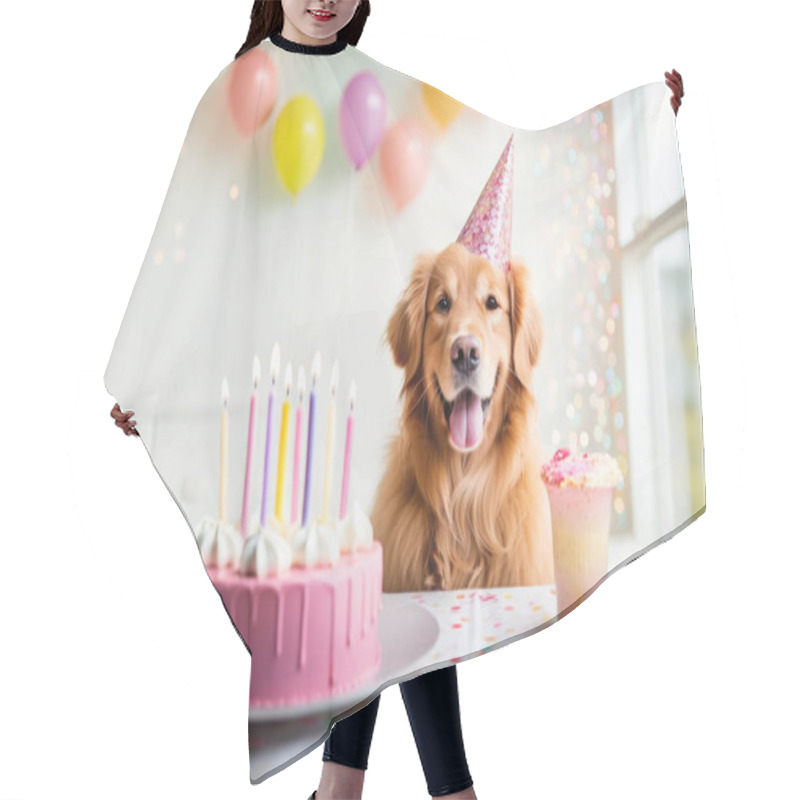 Personality  Happy Dog At Birthday Party Celebrating With Birthday Cake And Party Balloons Hair Cutting Cape