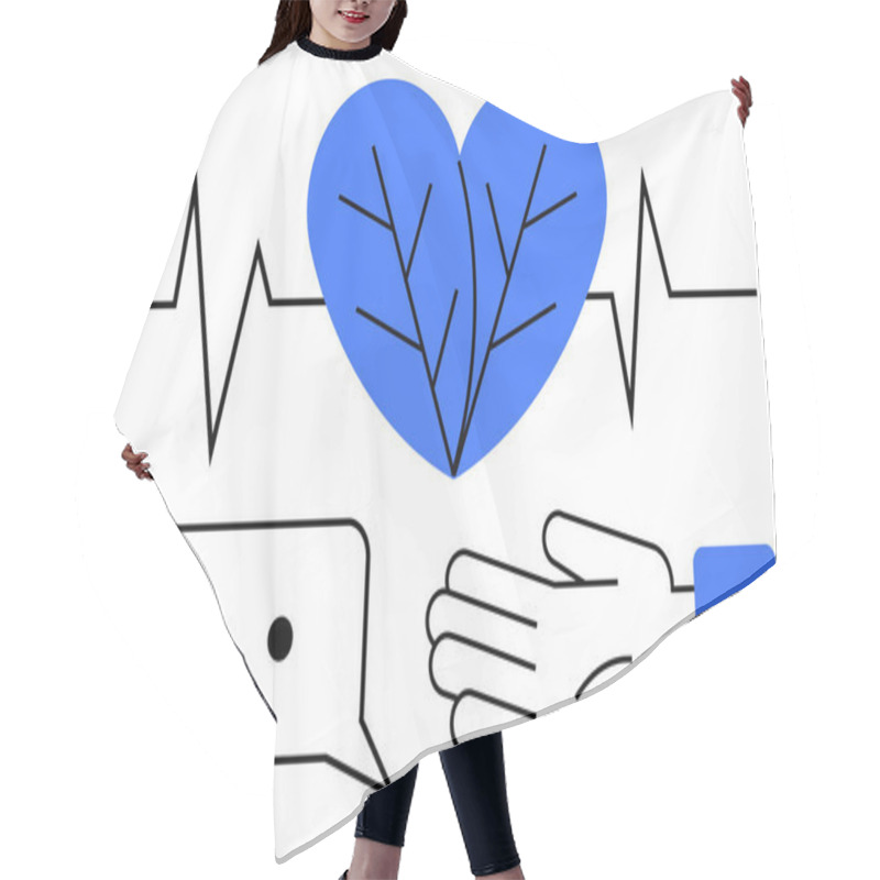 Personality  Blue Heart With Leaf Veins, Open Hand, Speech Bubble With Three Dots, Heartbeat Line. Ideal For Health, Compassion, Communication, Support Empathy Nature Wellness. Line Metaphor Hair Cutting Cape