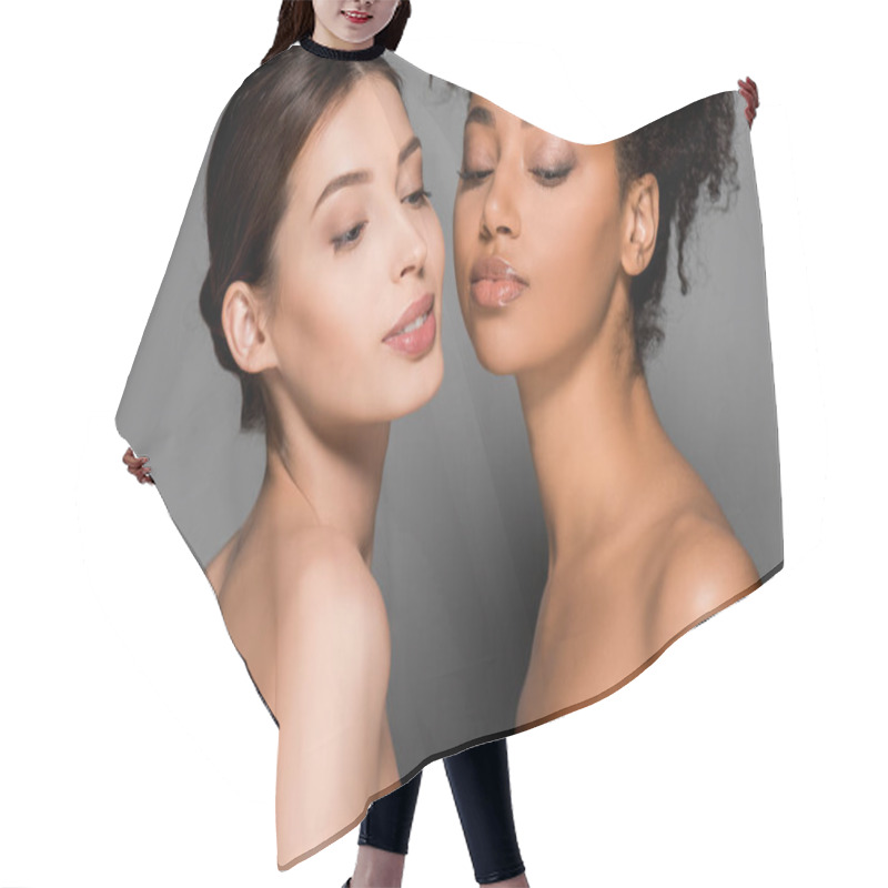 Personality  Portrait Of Beautiful Tender Multiracial Girls, On Grey Hair Cutting Cape