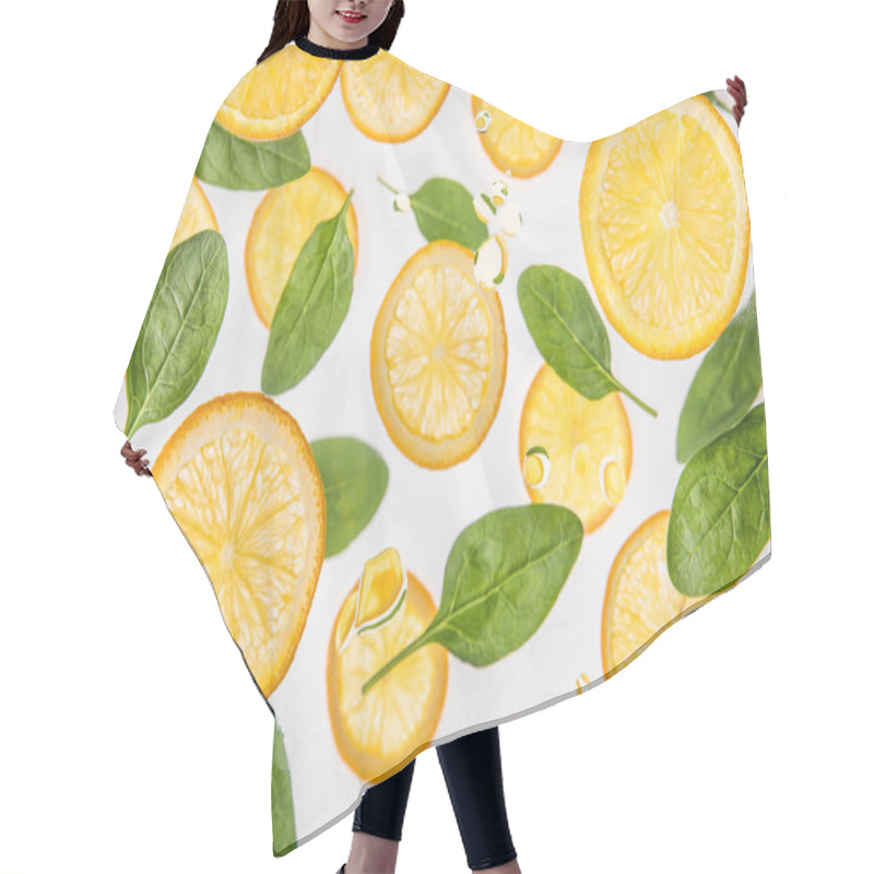 Personality  Fresh Juicy Orange Slices With Green Spinach Leaves On Grey Background With Water Bubbles Hair Cutting Cape