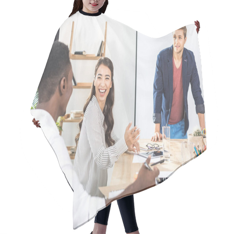 Personality  Multiethinc Coworkers Having Conference Hair Cutting Cape