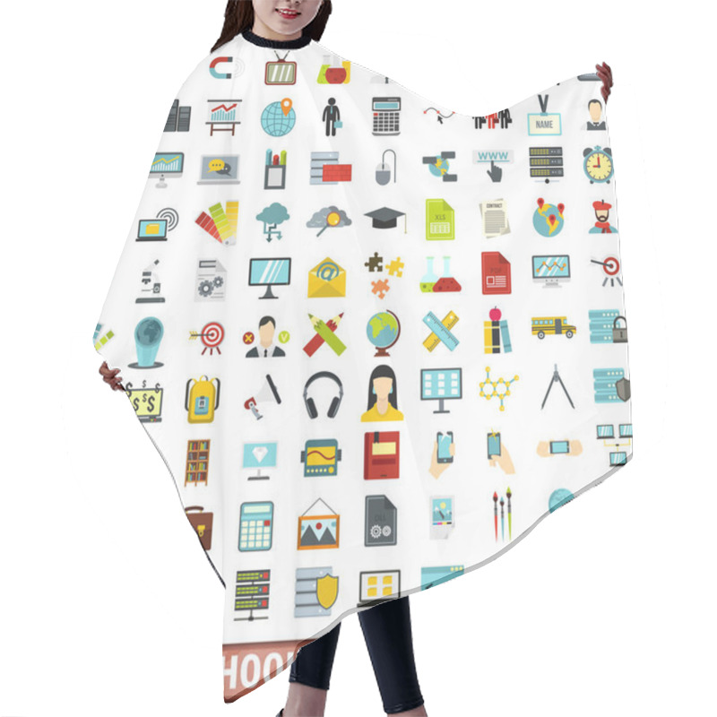 Personality  100 Web School Icons Set, Flat Style Hair Cutting Cape