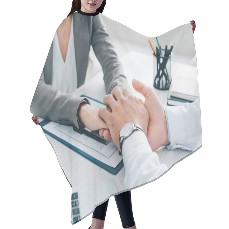 Personality  Cropped Image Of Patient And General Practitioner Holding Hands Above Insurance Claim Form In Clinic Hair Cutting Cape