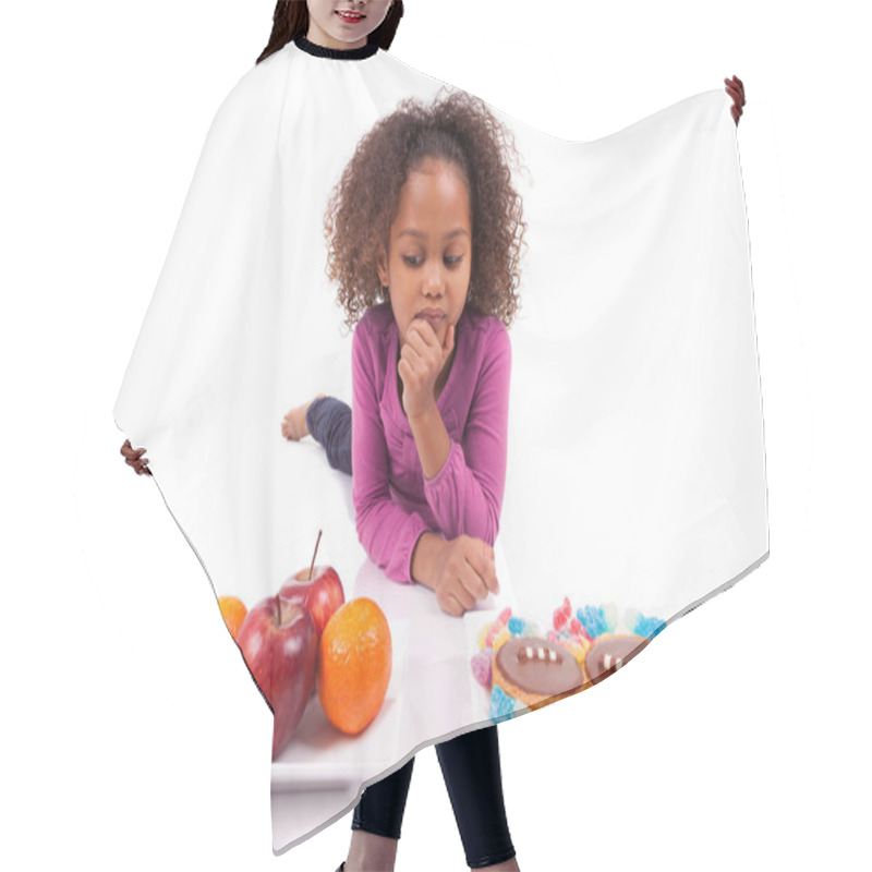 Personality  Little African Asian Girl Hesitating Between Fruits Or Candy Hair Cutting Cape