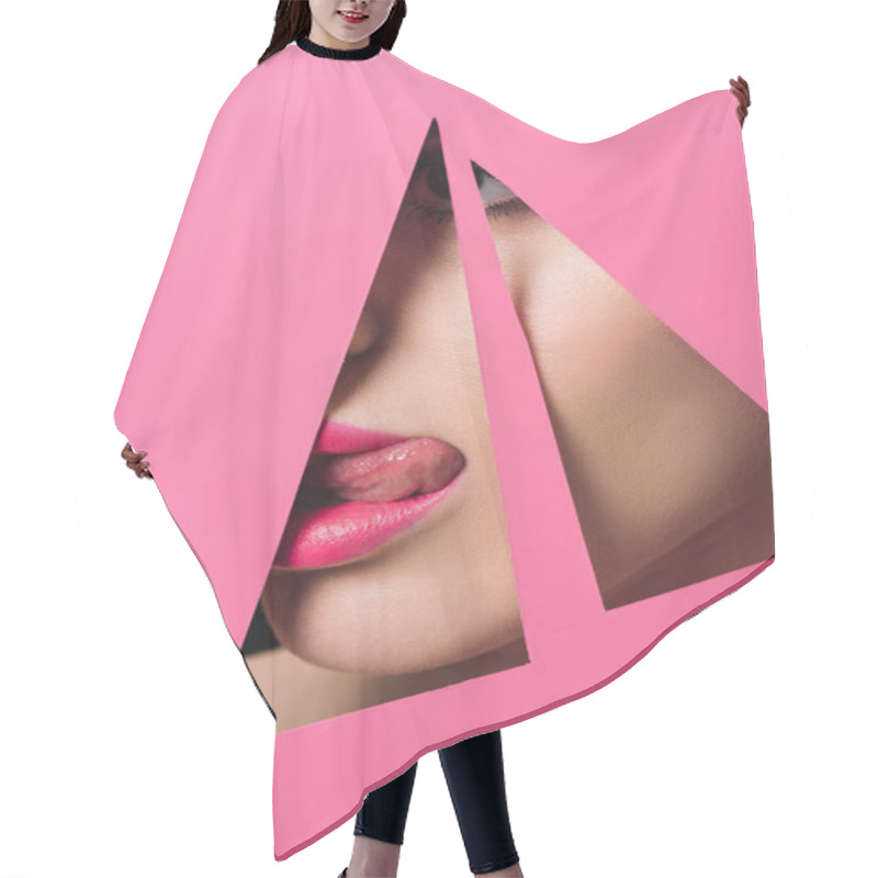 Personality  Woman With Pink Lips Sticking Out Tongue Across Holes In Paper Hair Cutting Cape